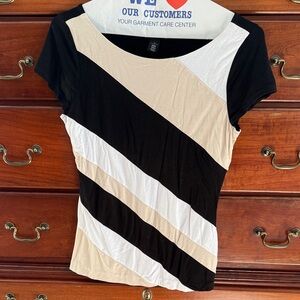 White House Black Market Black, White, and Tan Diagonal Stripe Top